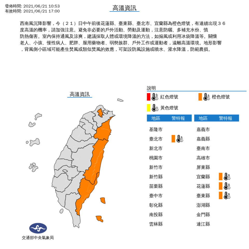 高溫橙燈地區包含台北市、宜蘭縣、花蓮縣、台東縣。