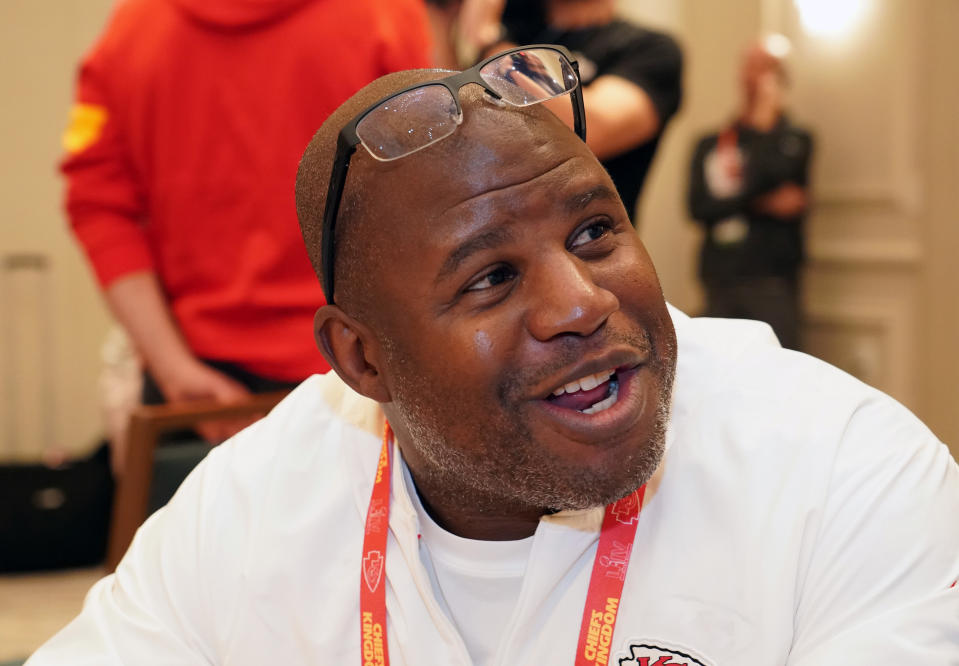 Jan 29, 2020; Miami, Florida, USA; Kansas City Chiefs defensive coordinator Eric Bieniemy at Super Bowl LIV press conference at JW Marriott Turnberry. Mandatory Credit: Kirby Lee-USA TODAY Sports