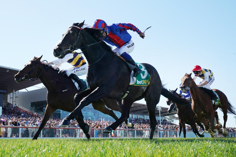 Jockey Michael Walker rides Prince Of Arran to victory in the 2019 Geelong Cup. 