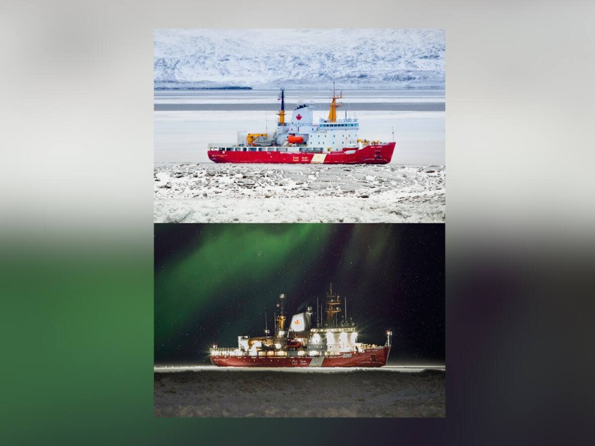 'Canadian Coast Guard vessel, Henry Larsen, snacking on some fresh sea ice in Iqaluit,' said Tom Cichon when he sent this to us. Looks like it's hungry, day or night!  (Tom Cichon - image credit)