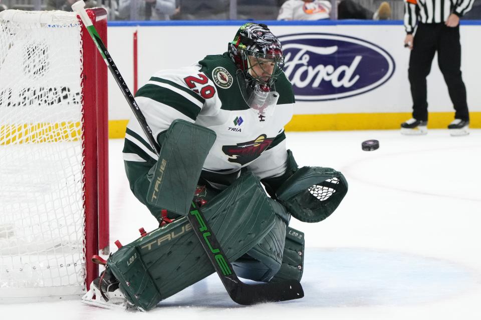 Minnesota Wild goaltender Marc-Andre Fleury (29) stops a shot on goal during the second period of an NHL hockey game against the New York Islanders Tuesday, Nov. 7, 2023, in Elmont, N.Y. (AP Photo/Frank Franklin II)