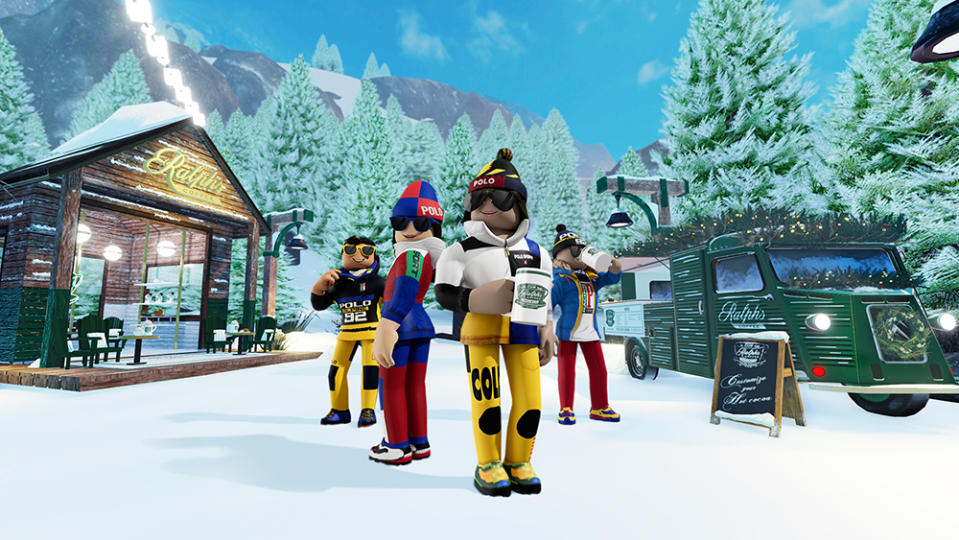 Roblox characters rocking the latest Ralph Lauren collection with hot chocolate from Ralph’s Coffee Truck in hand. - Credit: Ralph Lauren