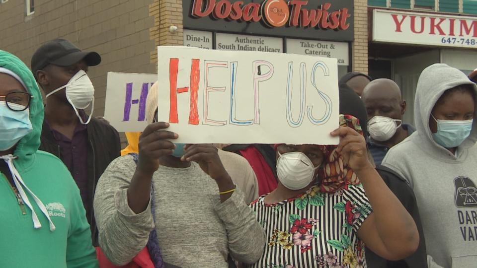 Refugees and asylum seekers sleeping in a Toronto church protested outside Premier Doug Ford's constituency office on Thursday. 