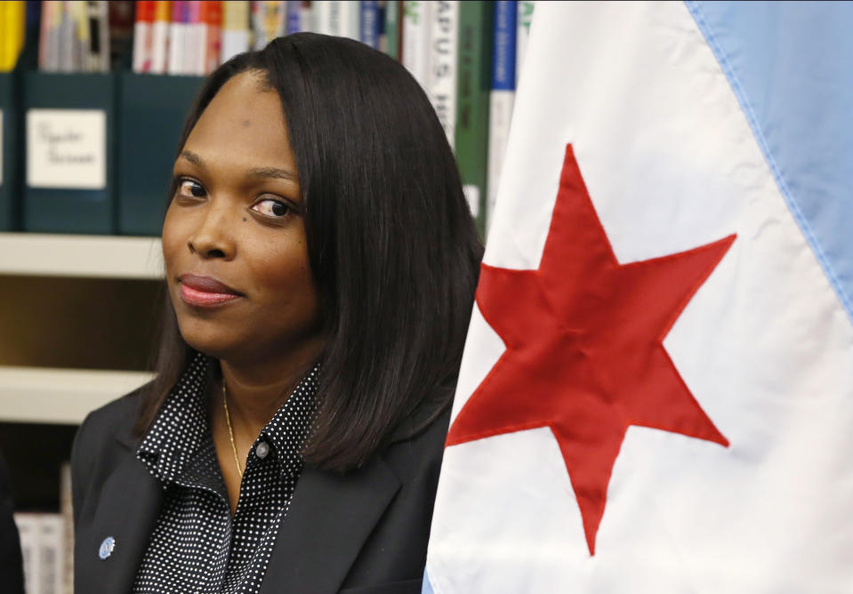 FILE - In this July 16, 2015, file photo, Janice Jackson, chief executive officer for Chicago Public Schools, appears at a news conference in Chicago. Teachers in Chicago, the nation's third-largest school district, are inching closer to a strike that could take place as early as next month. After rejecting the district's latest offer, Chicago educators are negotiating issues including pay, staffing shortages and class sizes. (AP Photo/Charles Rex Arbogast File)