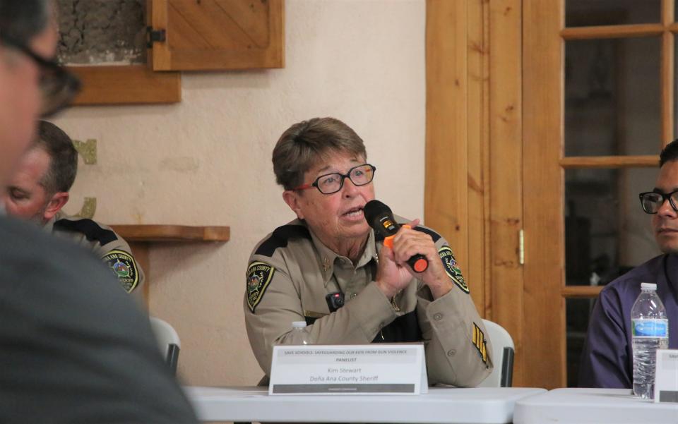 Doña Ana County Sheriff Kim Stewart answers a question during a forum on school security at the Women's Intercultural Center in Anthony, N.M. on Thursday, Aug. 4, 2022.