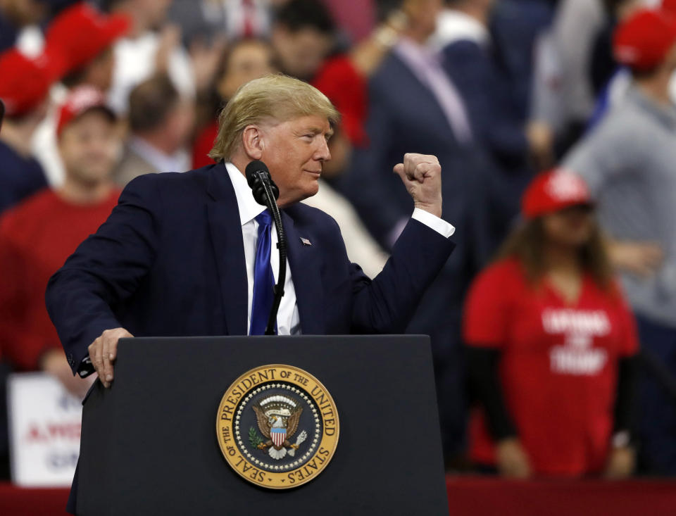 President Donald Trump speaks at a campaign rally Tuesday, Jan. 14, 2020, in Milwaukee. (AP Photo/Jeffrey Phelps)