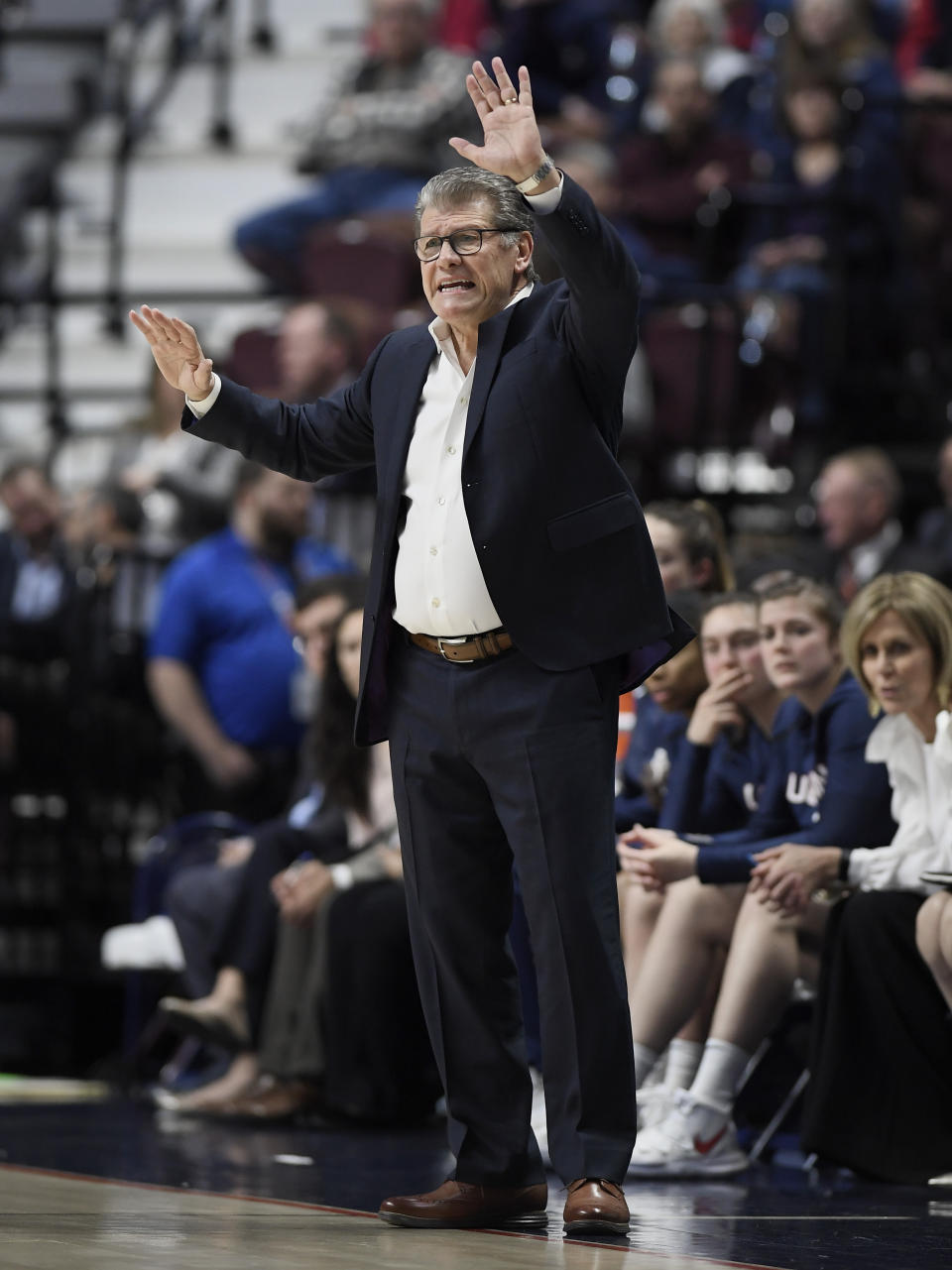 Connecticut head coach Geno Auriemma gestures to his team during the first half of an NCAA college basketball game in the American Athletic Conference tournament quarterfinals against East Carolina, Saturday, March 9, 2019, at Mohegan Sun Arena in Uncasville, Conn. (AP Photo/Jessica Hill)