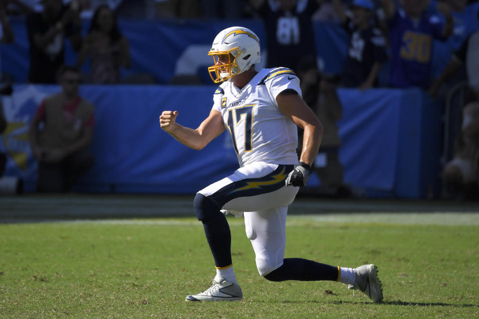 Los Angeles Chargers quarterback Philip Rivers celebrates after their overtime win against the Indianapolis Colts in an NFL football game Sunday, Sept. 8, 2019, in Carson, Calif. (AP Photo/Mark J. Terrill)