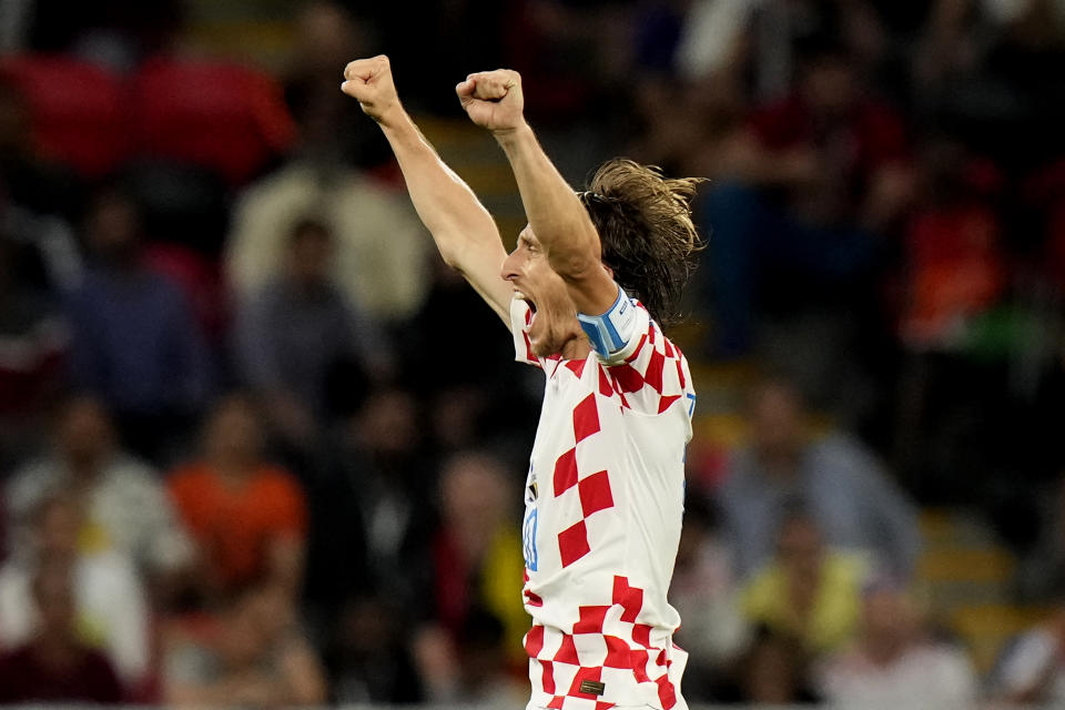 Croatia's Luka Modric reacts at the end of the World Cup group F soccer match between Croatia and Belgium at the Ahmad Bin Ali Stadium in Al Rayyan, Qatar, Thursday, Dec. 1, 2022. (AP Photo/Luca Bruno)