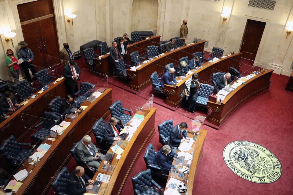 Mar 10, 2021; Little Rock, Arkansas, USA; Senator Joyce Elliott during a session at the Arkansas State Capitol. Credit: Nelson Chenault