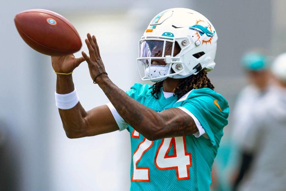 Rookie cornerback Cam Smith (24) makes a catch during 2023 Miami Dolphins Rookie Minicamp practice at Baptist Health Training Complex in Miami Gardens, Florida, on Friday, May 12, 2023.