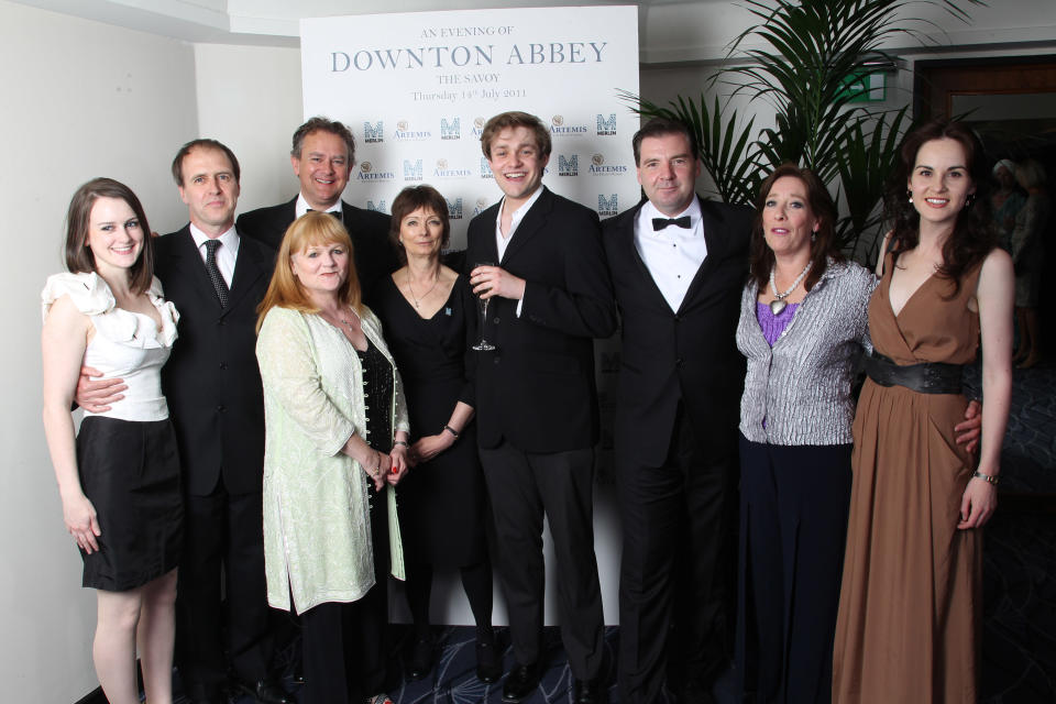 LONDON, ENGLAND - JULY 14: (EXCLUSIVE COVERAGE) Hugh Bonneville, Brendan Coyle, Allen Leech, Jessica Brown Findlay, Jim Carter, Laura Carmichael, Michelle Dockery, Lesley Nicol, Kevin Doyle and Allen Leech of Downton Abbey attend an Evening With Downton Abbey - Raising Money For Merlin - The Medical Relief Charity at The Savoy Hotel on July 14, 2011 in London, United Kingdom. (Photo by Dave J Hogan/Getty Images)