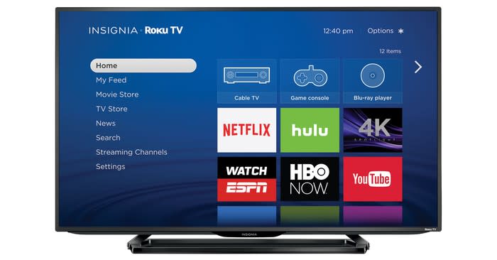 The Roku home page displayed on an Insignia smart TV