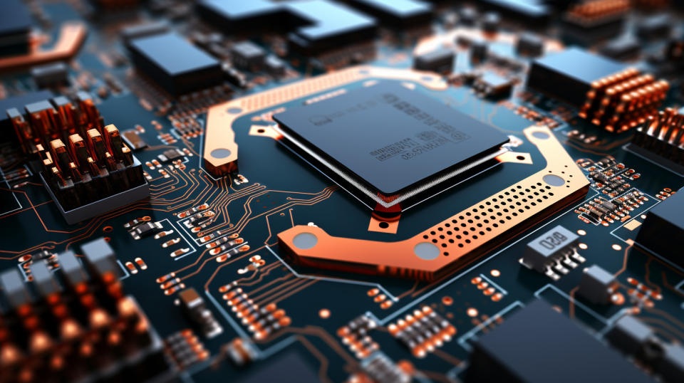 A close up of a complex looking PCB board with several intergrated semiconductor parts.