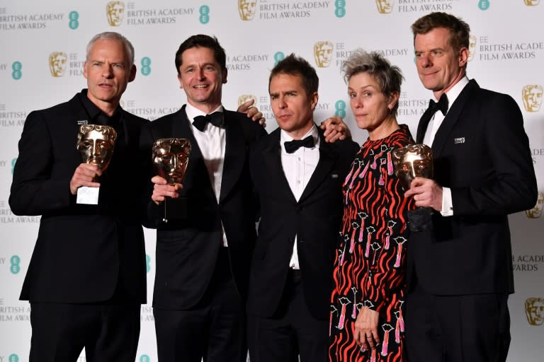 L-R: Martin McDonagh, Peter Czernin, Sam Rockwell, Frances McDormand and Graham Broadbent pose after receiving the award for Best Film at the BAFTA British Academy Film Awards