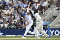 England's Jamie Overton bowls a delivery during the third day of the third cricket test match between England and New Zealand at Headingley in Leeds, England, Saturday, June 25, 2022. (AP Photo/Rui Vieira)