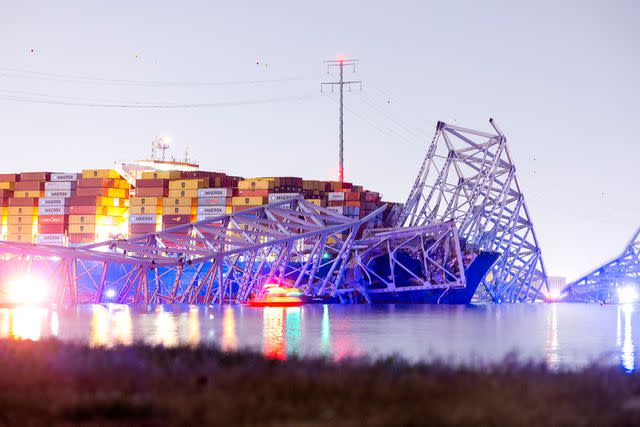 <p>JIM LO SCALZO/EPA-EFE/Shutterstock</p> The Francis Scott Key Bridge rests partially collapsed after a container ship ran into it in Baltimore, Maryland on March 26, 2024