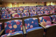 Floral themed pattern in the upholstered chairs appear in the newly renovated Wsu Tsai Theater at David Geffen Hall, Thursday, Aug. 25, 2022, at the Lincoln Center for the Performing Arts in New York. Geffen Hall opens Oct. 8 following a $550 million renovation with the orchestra’s first concert there since March 10, 2020, the final performance before the pandemic shutdown. (AP Photo/Mary Altaffer)
