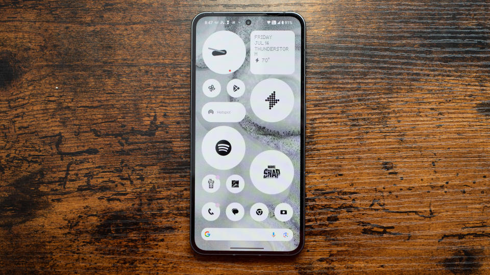 Nothing Phone 2 home screen in monochrome with large and small app icons