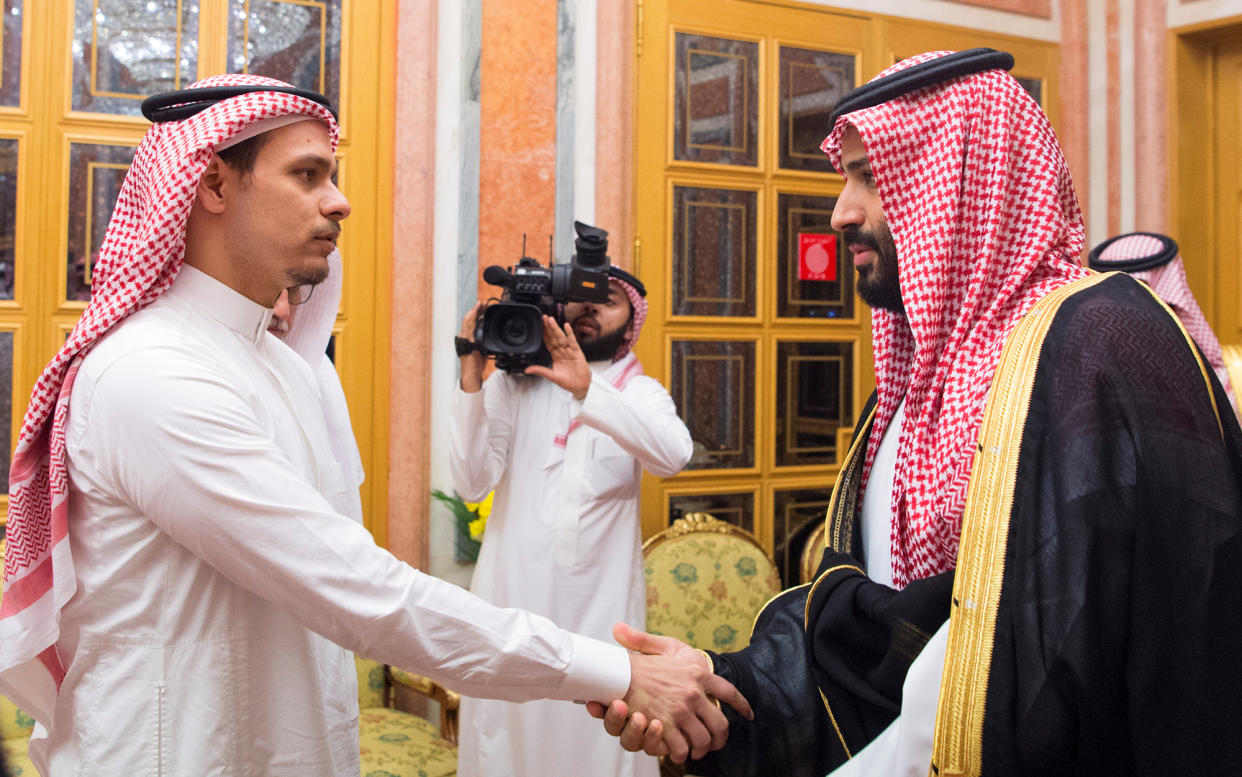 Saudi Crown Prince Mohammed bin Salman meets with Khashoggi family in Riyadh, Saudi Arabia October 23, 2018.  (Bandar Algaloud/Courtesy of Saudi Royal Court/Handout via Reuters)