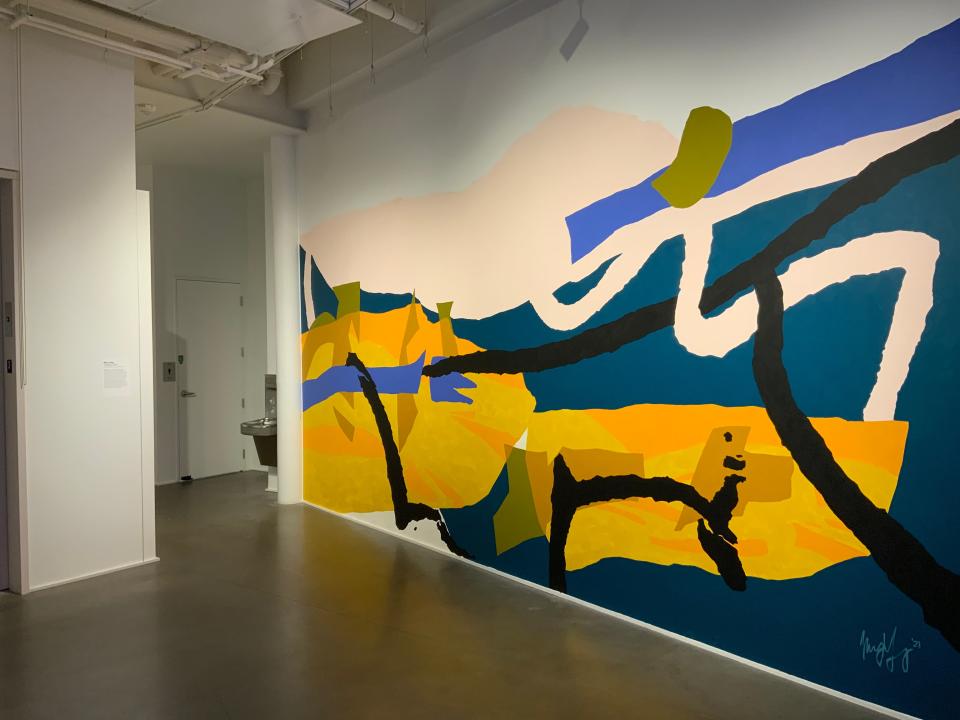"Untitled" by May Yang, acrylic latex paint on paint marker on
wall.