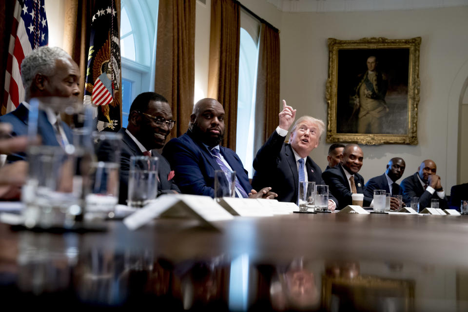 President Trump points heavenward at a meeting with inner-city pastors at the White House in Washington on Aug. 1, 2018. (Photo: Andrew Harnik/AP)