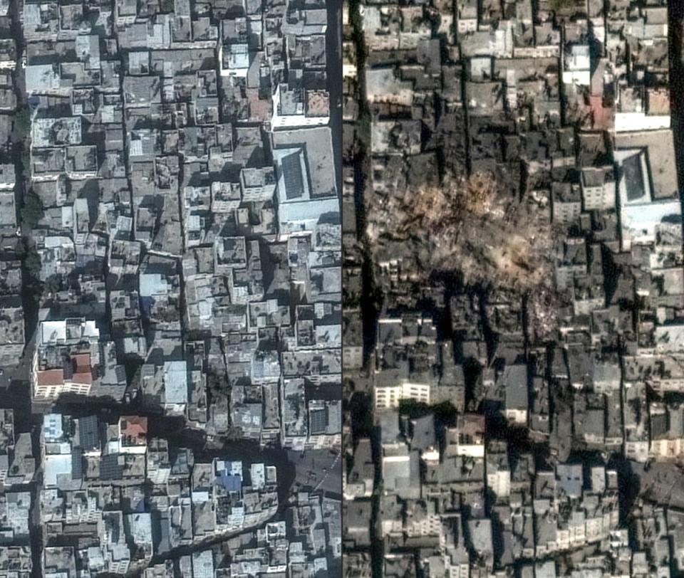 This combination of handout satellite images released by Maxar Technology and created shows before and after of Jabalia refugee camp (Satellite image Â©2023 Maxar Tech)