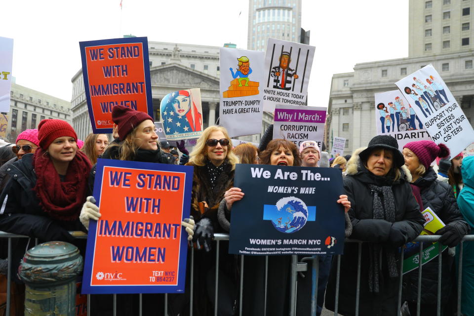Protesters hold signs during the Women’s Unity Rally at Foley Square on Jan. 19, 2019 in New York City. (Photo: Gordon Donovan/Yahoo News)