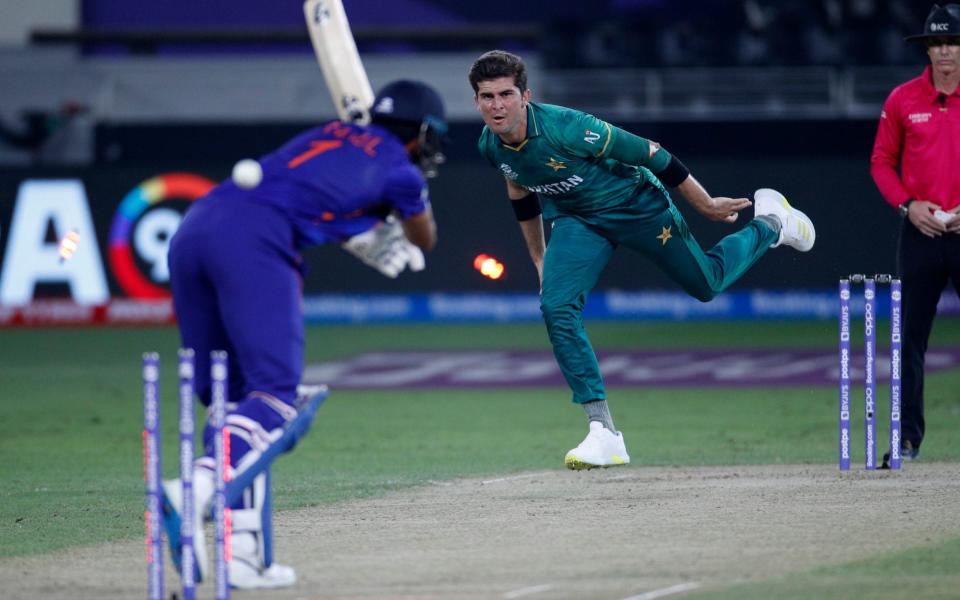 India's KL Rahul is bowled out by Pakistan's Shaheen Shah Afridi.  - REUTERS