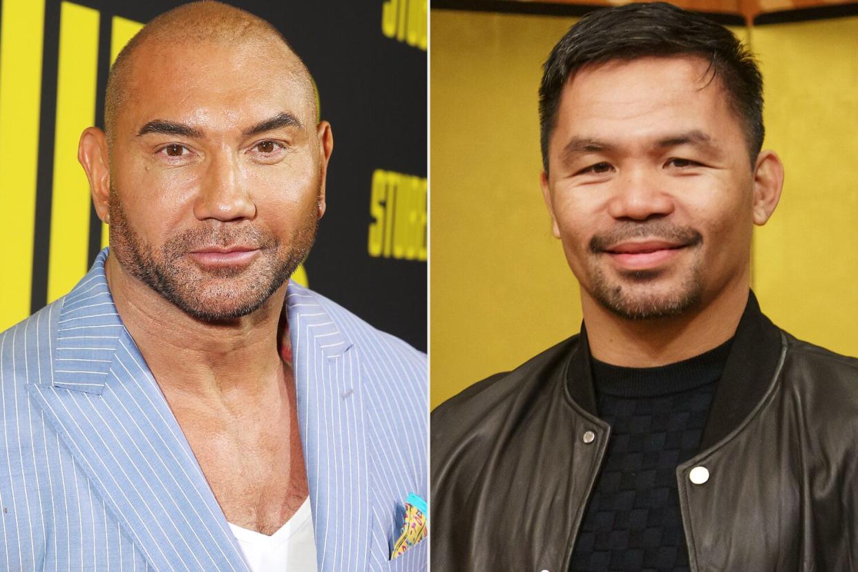 Dave Bautista attends the Premiere of 20th Century Fox's "Stuber" at Regal Cinemas L.A. Live on July 10, 2019 in Los Angeles, California. (Photo by Jesse Grant/Getty Images); Mandatory Credit: Photo by Masatoshi Okauchi/Shutterstock (13417549a) Floyd Mayweather Jr., Manny Pacquiao Floyd Mayweather Jr. and Manny Pacquiao press conference of Cho RIZIN, Tokyo, Japan - 24 Sep 2022