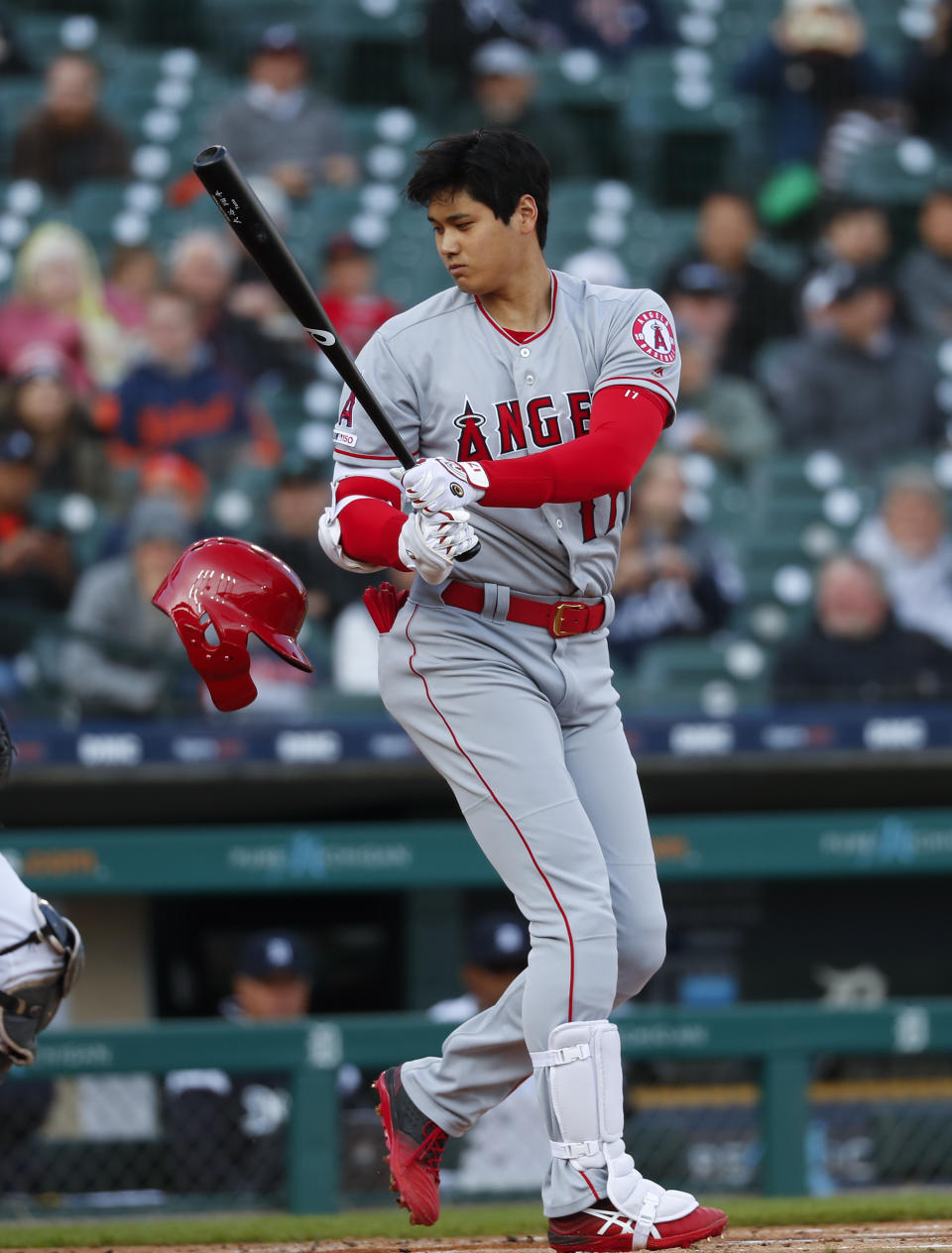 Los Angeles Angels Shohei Ohtani loses his helmet at bat against the Detroit Tigers in the first inning of a baseball game in Detroit, Tuesday, May 7, 2019. (AP Photo/Paul Sancya)