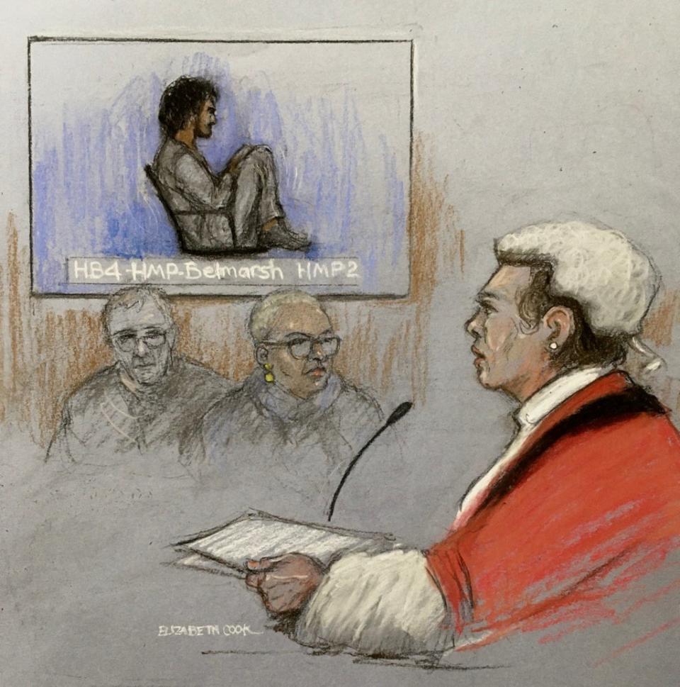 Court sketch of Danyal Hussein turned away as he was sentenced by Mrs Justice Whipple (Elizabeth Cook/PA) (PA Wire)