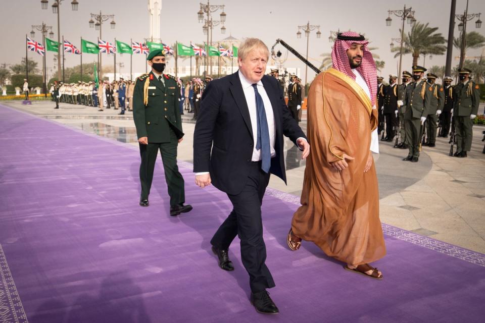 Mr Johnson being welcomed by Mohammed bin Salman last month in Riyadh (PA)