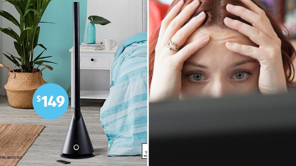 Aldi's bladeless fan on the left, and a woman looking shocked in front of a computer.