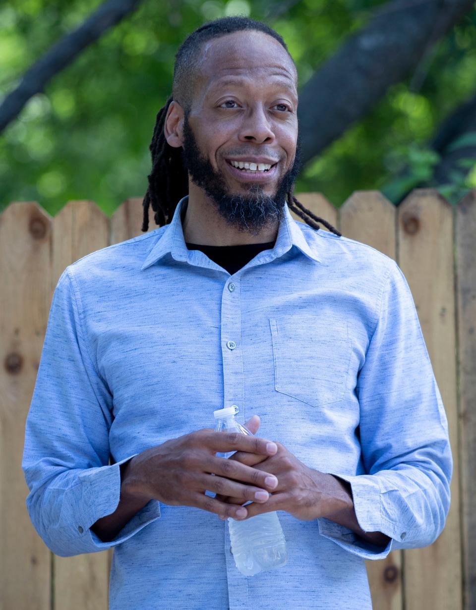 Austin Avery, president and CEO of The Original Project Team, speaks at a celebration for the new Fish-n-loaves sustainability hub Friday, July 1, 2022, at 2854 Douglass Avenue in Orange Mound. The location will feature food distribution, garden and a place to educate on home gardening.