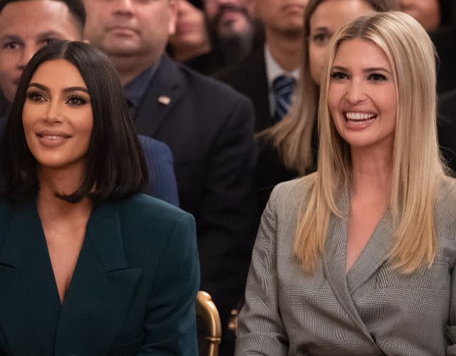 Kim Kardashian(L)and Ivanka Trump listen as US President Donald Trump speaks about second chance hiring and criminal justice reform in the East Room of the White House in Washington, DC, June 13, 2019. (Photo by SAUL LOEB / AFP) (Photo credit should read SAUL LOEB/AFP via Getty Images)