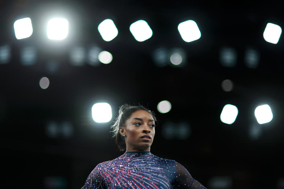 PARIS, FRANCE - JULY 25: Simone Biles of Team United States practices during a Gymnastics training session in the Bercy Arena ahead of the Paris 2024 Olympic Games on July 25, 2024 in Paris, France. (Photo by Naomi Baker/Getty Images)