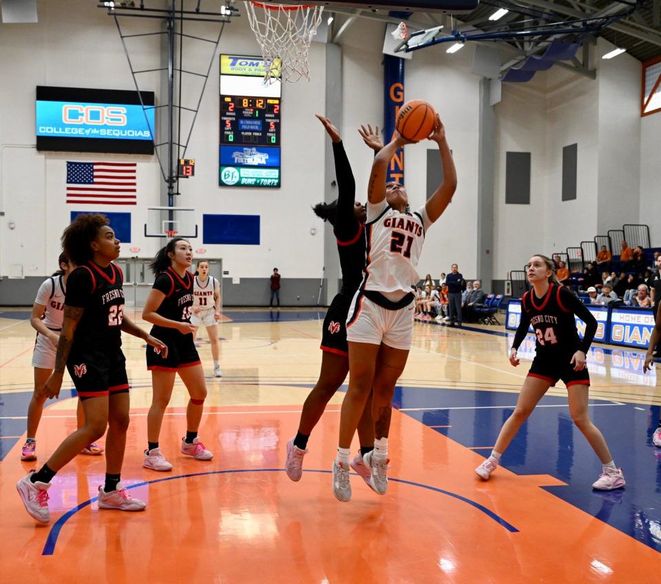 College of the Sequoias' Alana Roberts shoots against Fresno City on Feb. 15, 2022 at Porter Field House.