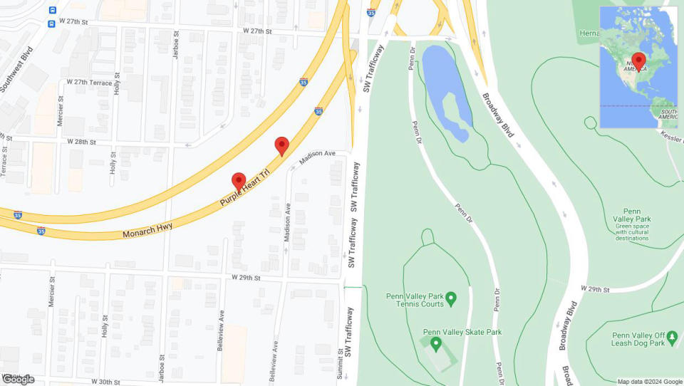 A detailed map that shows the affected road due to 'Broken down vehicle on northbound I-35 in Kansas City' on July 25th at 12:20 p.m.