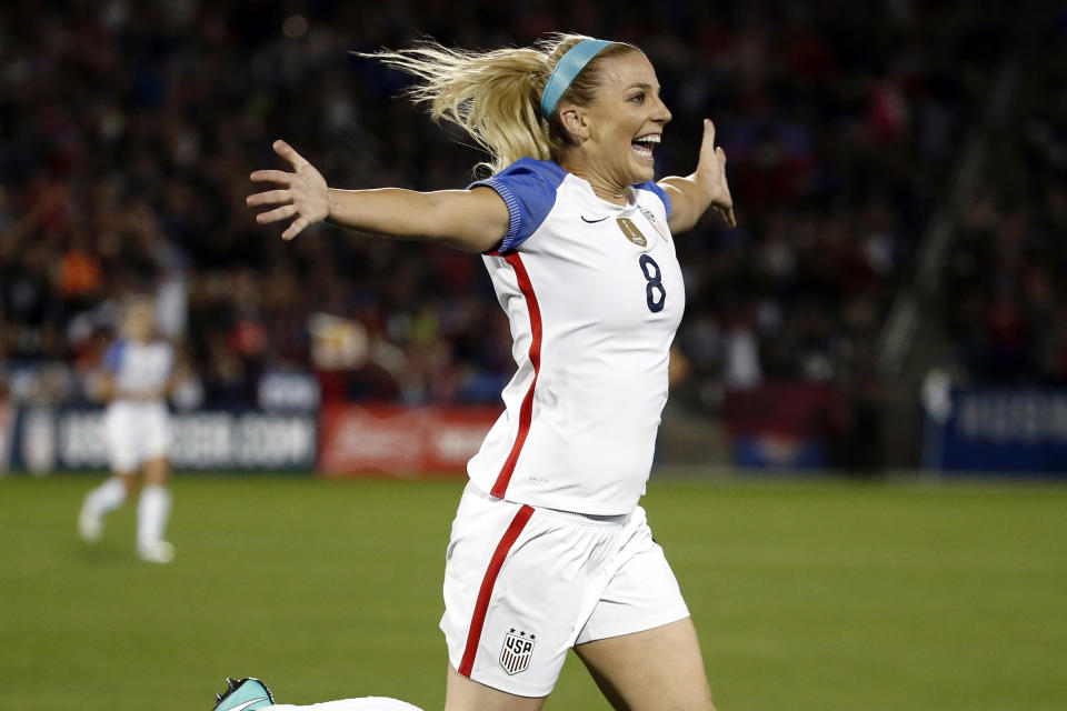 FILE - In this Sept. 15, 2017, file photo, United States defender Julie Ertz (8) celebrates after scoring a goal against New Zealand during the first half of an international friendly soccer match in Commerce City, Colo. Ertz has been named the U.S. Soccer women's Player of the Year on Friday, Dec. 13, 2019, for the second time. Ertz also won the award in 2017 and she won the federation's Young Player of the Year honors in 2012. (AP Photo/Jack Dempsey, File)