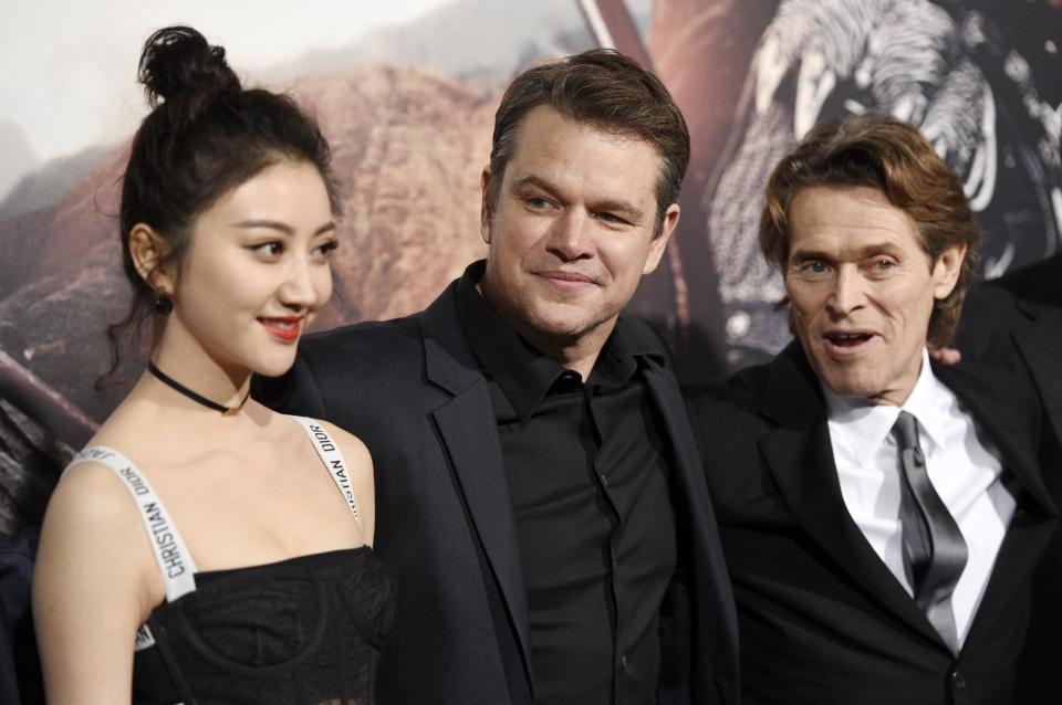 Jing Tian, from left, Matt Damon, and Willem Dafoe, cast members in "The Great Wall," pose together at the premiere of the film at the TCL Chinese Theatre on Wednesday, Feb. 15, 2017, in Los Angeles. (Photo by Chris Pizzello/Invision/AP)