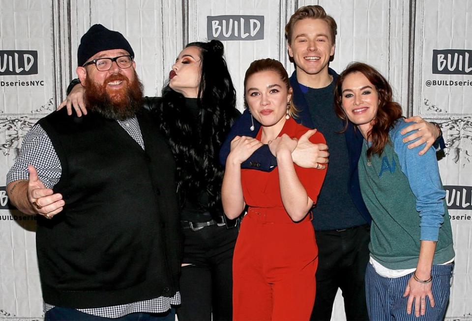 In N.Y.C. on Feb. 11, (from left) Nick Frost, Paige, Florence Pugh, Jack Lowden and Lena Headey.