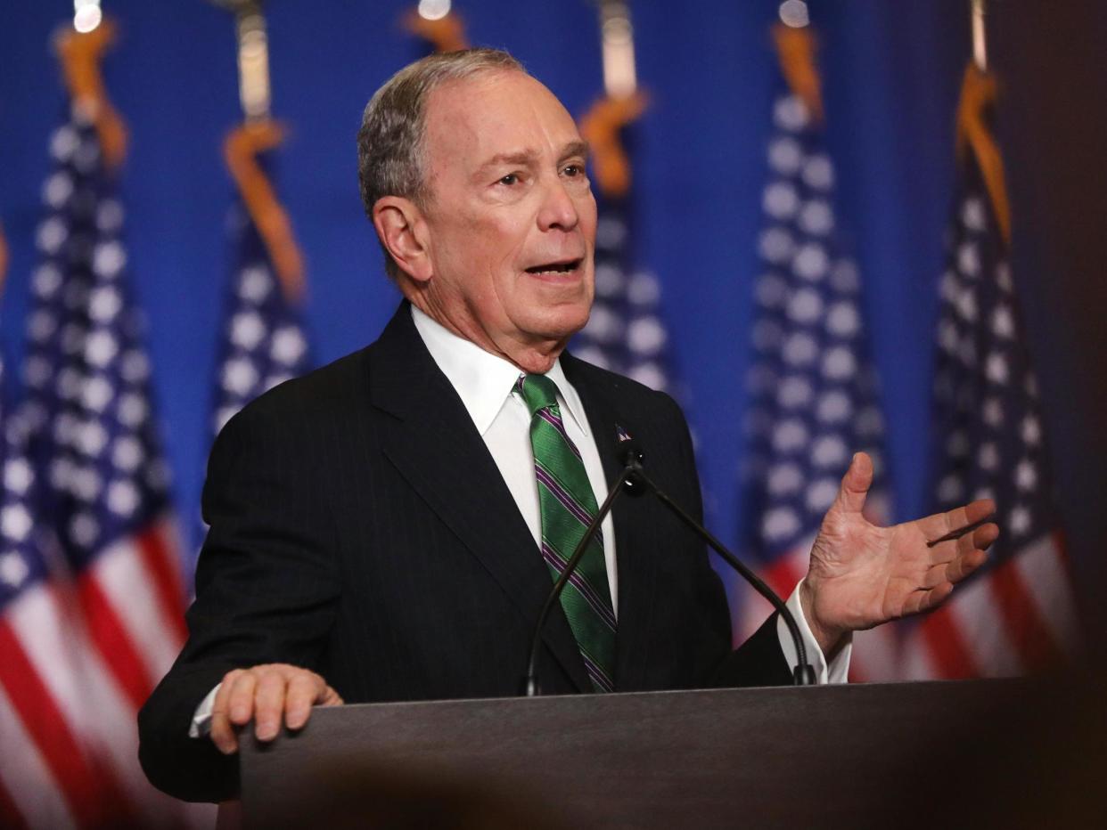 Former Democratic presidential candidate Mike Bloomberg addresses his staff and the media after announcing that he will be ending his campaign on 4 March 2020 in New York City: (2020 Getty Images)