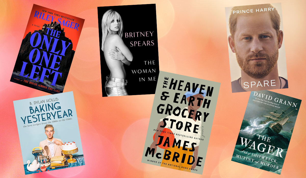 a variety of book covers including 'Spare' by Prince Harry and 'The Woman in Me' by Britney Spears