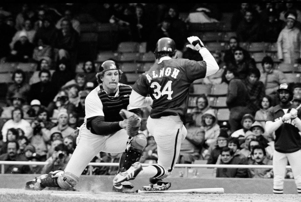 Detroit Tigers catcher Lance Parrish prepares to tag out Bill Almon of the Chicago White Sox during a game in 1981. Almon, a Cranston native, was drafted first overall out of Brown University by the San Diego Padres in 1974.