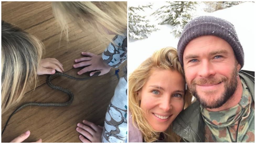 Chris Hemsworth and Elsa Pataky's children have been spotted playing with a baby python. Photo: Instagram/elsapatakyconfidential/