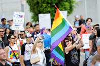 <p>People participate in a Resist March that replaced the annual Pride Parade in Los Angeles, Calif., on June 11, 2017. (Photo: Andrew Cullen/Reuters) </p>