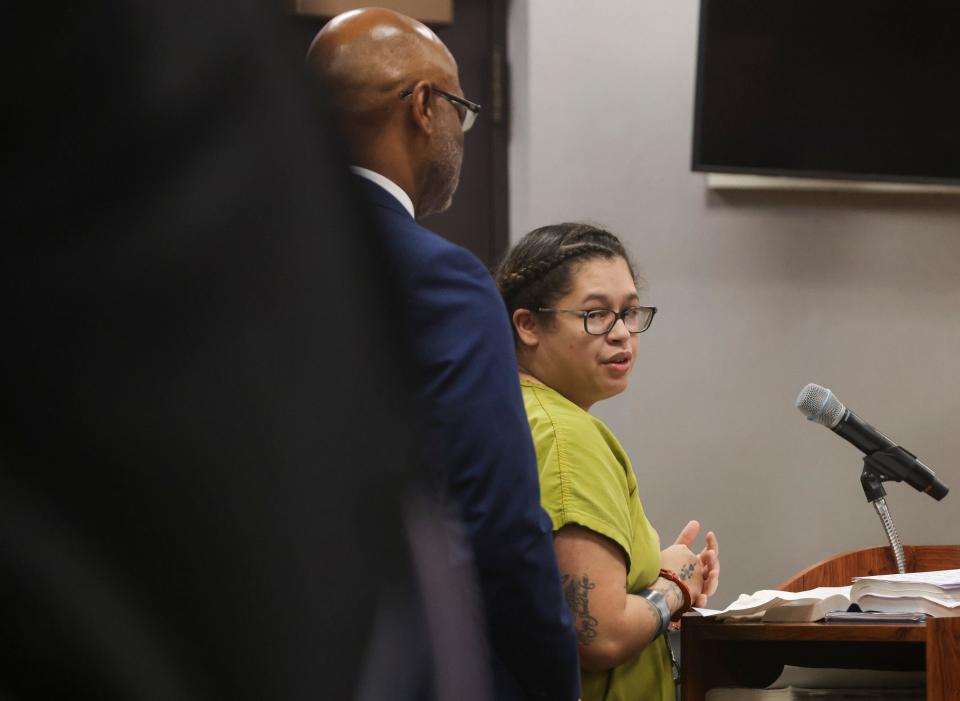 Arianna Aleja Colon, 25, gives a statement during her sentencing hearing for her conviction of leaving the scene of an accident with death in the 2021 incident that killed Yaceny Berenice Rodriguez-Gonzalez, 10. The hearing was in the St. Lucie County Courthouse in downtown Fort Pierce on Tuesday, March 12, 2024. Circuit Judge Michael Heisey sentenced Colon to 12 years in prison followed by five years of probation.