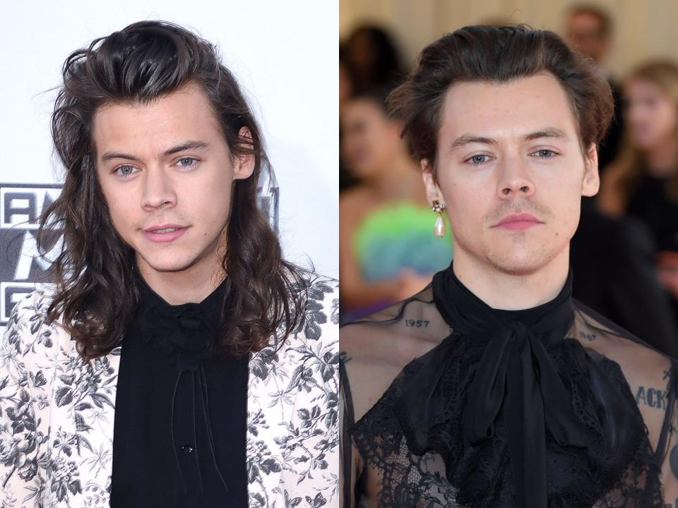 harry styles with long hair on the left and short hair on the right