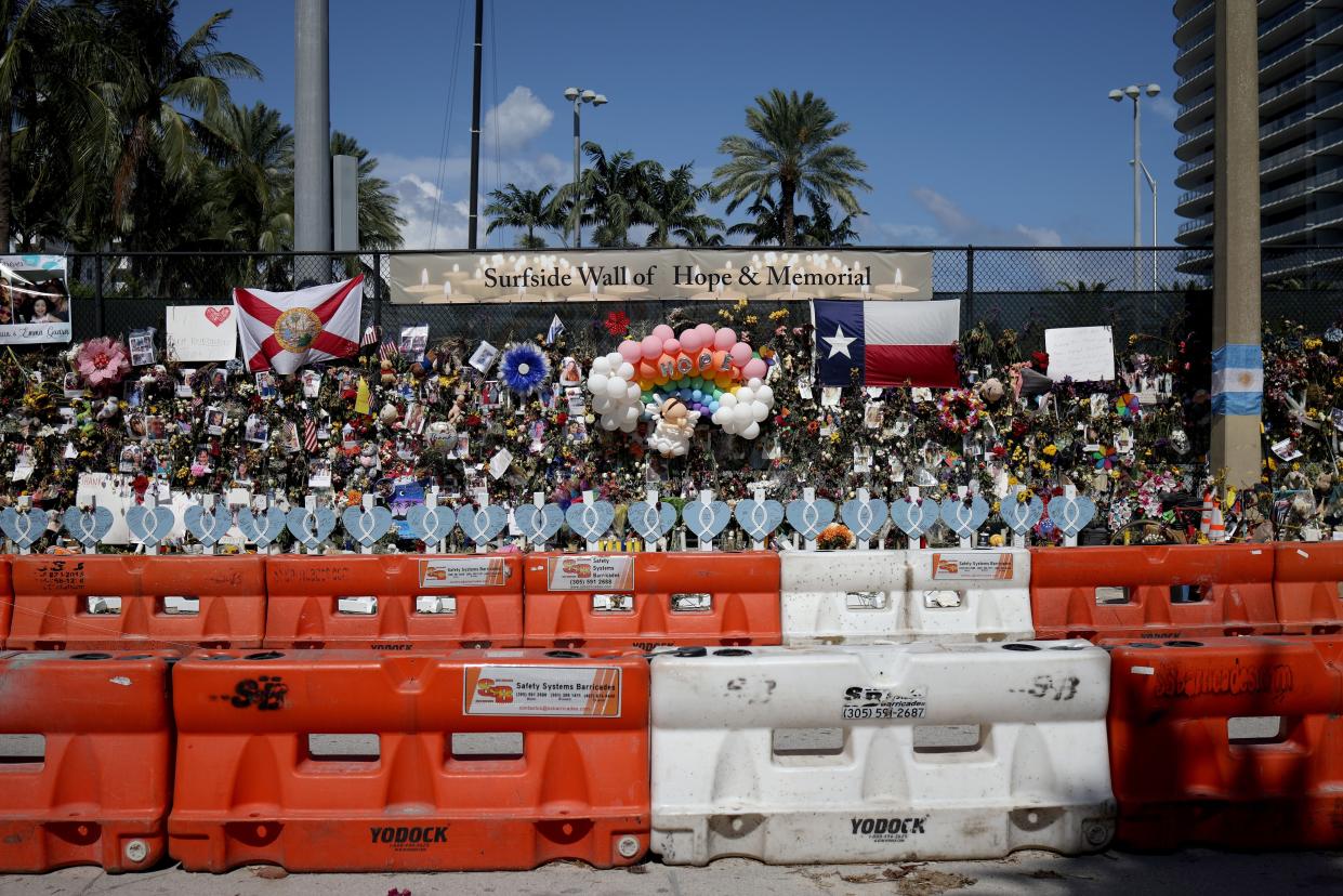 A memorial site for the collapsed 12-story Champlain Towers South condo building on July 11, 2021, in Surfside, Fla.